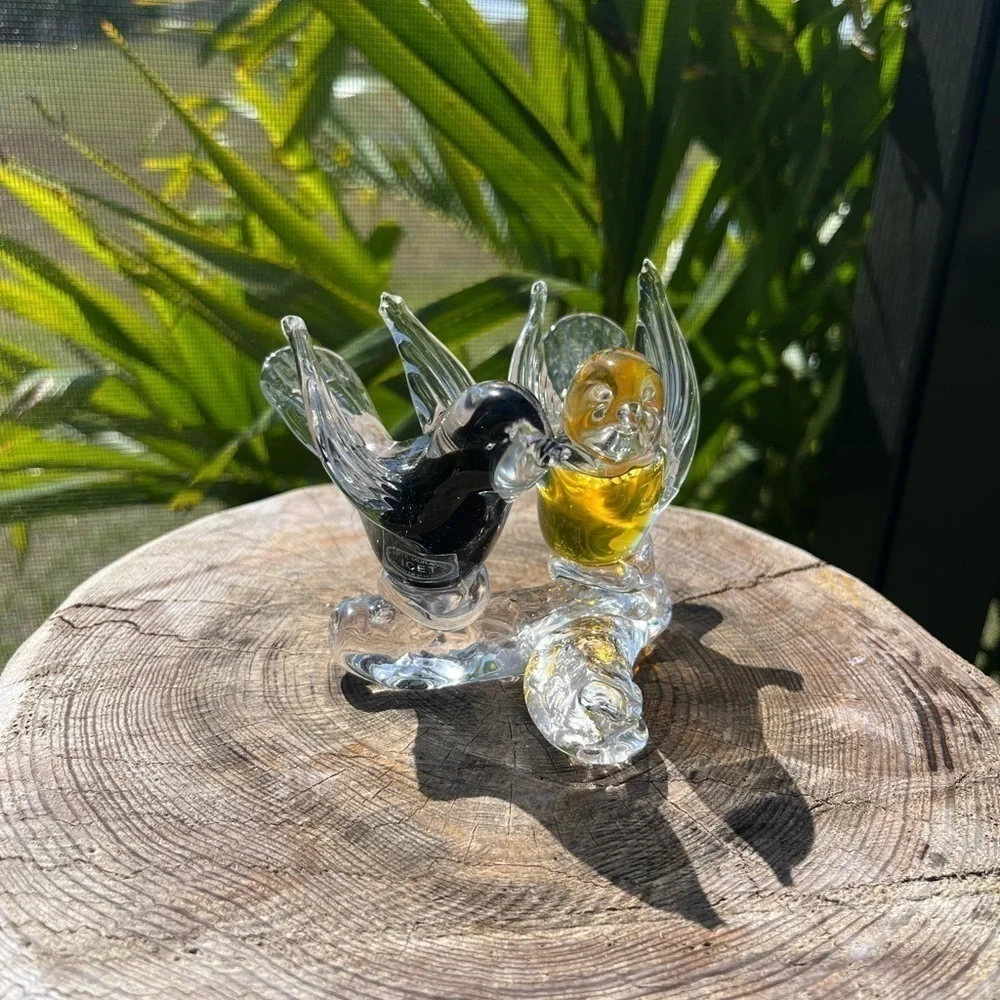 Murano Dove Birds Amber and Black on branch vintage